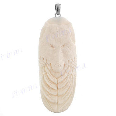 3 1/4" 925 Silver Buffalo Bone Indian Wolf Pendant
