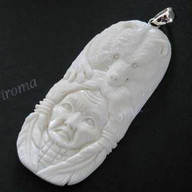 3 1/8" 925 Silver Buffalo Bone Carving Indian Chief Totem Bear Pendant