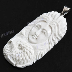 3 1/16" 925 Silver Buffalo Bone Carving Indian Totem Eagle Pendant