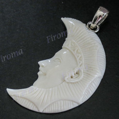 1 15/16" 925 Silver Buffalo Bone Carving Pharao Moon Pendant