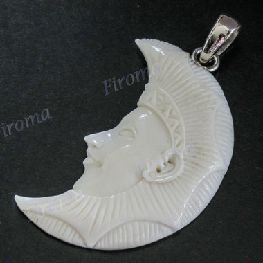 1 15/16" 925 Silver Buffalo Bone Carving Pharao Moon Pendant