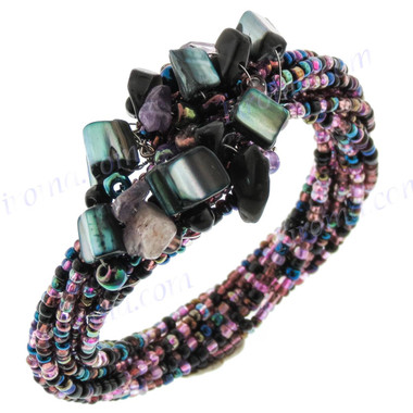 Mother Of Pearl Seed Beads Amethyst 7" Peacock Purple Bangle Post Bracelet