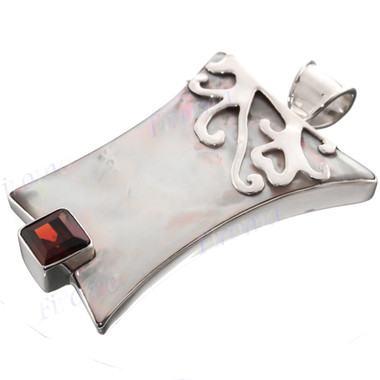 2 15/16" 925 Silver Mother Of Pearl Garnet Shell Red Pendant