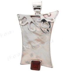 2 15/16" 925 Silver Mother Of Pearl Garnet Shell Red Pendant