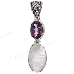 2 5/16" 925 Silver Amethyst Mother Of Pearl Shell Pendant