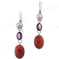 1 3/8" 925 Silver Amethyst Carnelian Freshwater Pearl French Wires Earrings