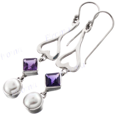 1 3/4" 925 Silver Amethyst Freshwater Pearl French Wires Earrings