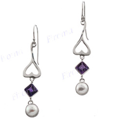 1 3/4" 925 Silver Amethyst Freshwater Pearl French Wires Earrings