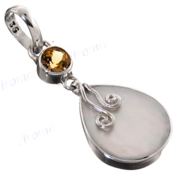 1 3/8" 925 Silver Mother Of Pearl Citrine Shell Pendant