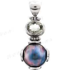 1 5/8" 925 Silver Green Amethyst Grey Mabe Pearl Pendant