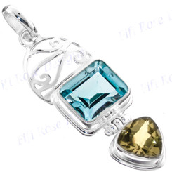 1 7/8" 925 Silver Blue Topaz Lemon Quartz Pendant