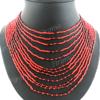 Glass Seed Beads 19" Coral Red Necklace