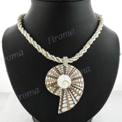 Glass Seed Beads Cone Shell Shiwa Eye 17" Beige Cream Necklace Pendant