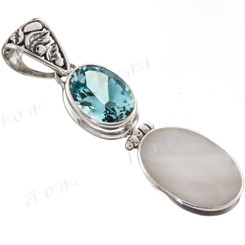 2 3/16" 925 Silver Mother Of Pearl Blue Topaz Shell Pendant