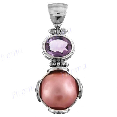 1 9/16" 925 Silver Pink Mabe Pearl Amethyst Pendant