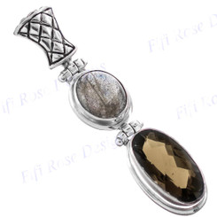 1 3/4" 925 Silver Labradorite Smokey Quartz Pendant