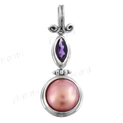 1 3/8" 925 Silver Pink Mabe Pearl Amethyst Pendant
