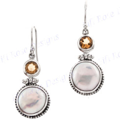7/8" 925 Silver Biwa Pearl Citrine French Wires Earrings
