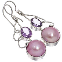 1 1/8" 925 Silver Pink Mabe Pearl Amethyst French Wires Earrings