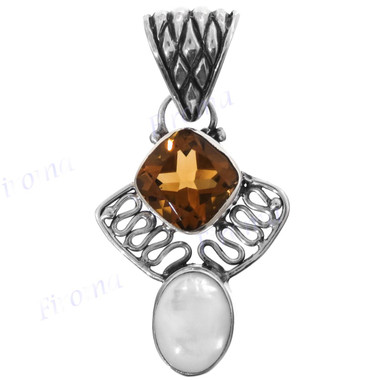 1 1/2" 925 Silver Mother Of Pearl Citrine Shell Pendant