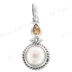 1 1/4" 925 Silver Biwa Pearl Citrine Pendant
