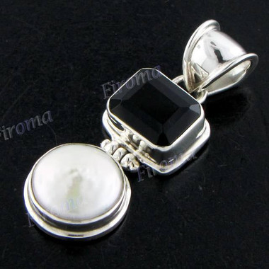 1 7/16" 925 Silver Onyx Biwa Pearl Pendant