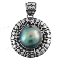 1 7/16" 925 Silver Grey Mabe Pearl Blue Pendant