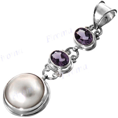 2 3/4" 925 Silver Amethyst White Mabe Pearl Pendant
