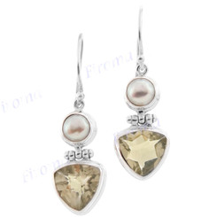 13/16" 925 Silver Lemon Quartz Biwa Pearl French Wires Earrings