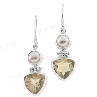 13/16" 925 Silver Lemon Quartz Biwa Pearl French Wires Earrings