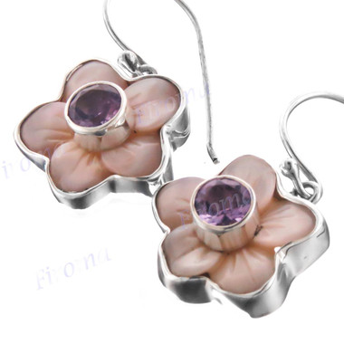 9/16" 925 Silver Pink Mother Of Pearl Amethyst Shell French Wires Earrings