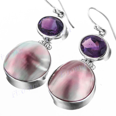 11/16" 925 Silver Pink Mother Of Pearl Amethyst Shell French Wires Earrings