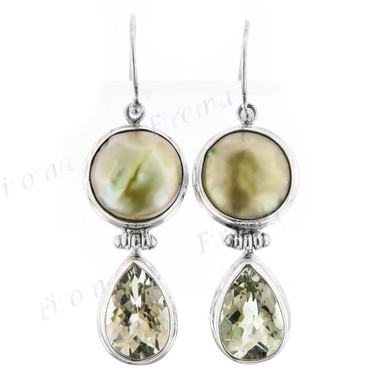 1 1/4" 925 Silver Green Biwa Pearl Green Amethyst French Wires Earrings