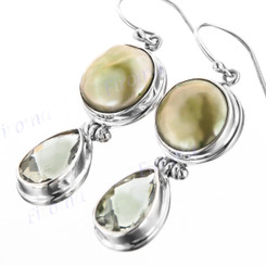 1 1/4" 925 Silver Green Biwa Pearl Green Amethyst French Wires Earrings