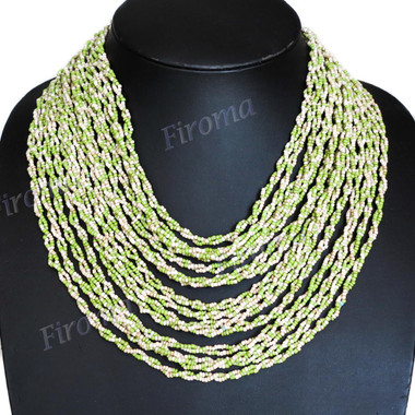 Glass Seed Beads 19" Beige Green Necklace