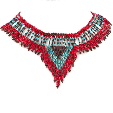 Seed Beads 15" Turquoise Red Necklace