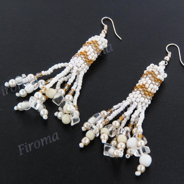 2 3/8" Seed Beads Crystal White Gold French Wires Earrings