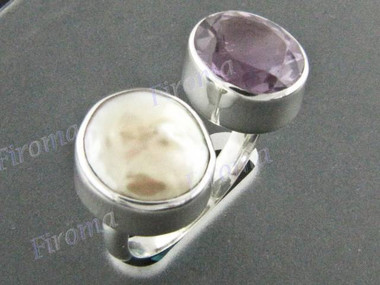 925 Silver Gold Biwa Pearl Amethyst Face us 6 Ring