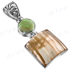 1 15/16" 925 Silver Gold Turbo Shell Green Biwa Pearl Pendant
