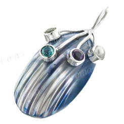 1 11/16" 925 Silver Blue Turbo Shell Blue Topaz Pearl Pendant