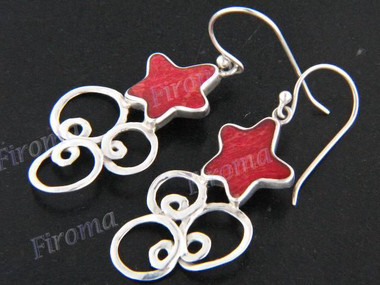 1 5/16" 925 Silver Red Coral Star French Wires Earrings