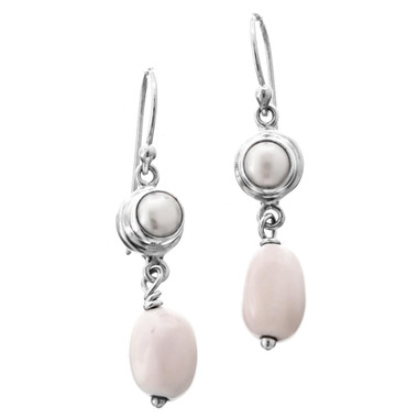 1 1/8" 925 Silver Biwa Pearl Pink Shell French Wires Earrings