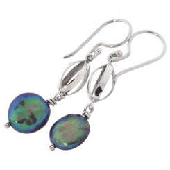 1 1/4" PEACOCK BIWA FRESHWATER COIN PEARL 925 STERLING SILVER earrings