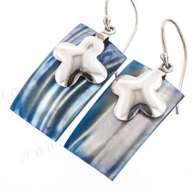 7/8" 925 Silver Blue Turbo Shell Rectangle French Wires Earrings