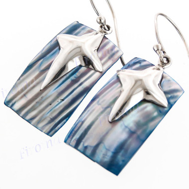 7/8" 925 Silver Blue Turbo Shell Rectangle French Wires Earrings