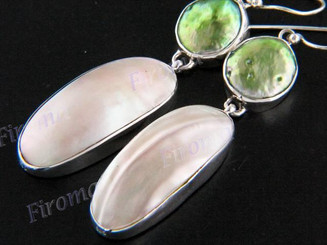 1 3/4" 925 Silver Gold Abalone Shell Green Biwa Pearl French Wires Earrings