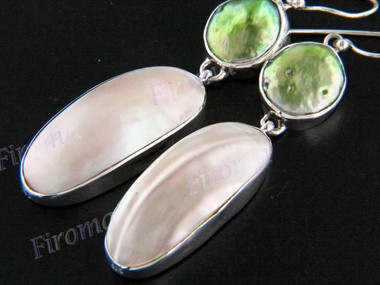 1 3/4" 925 Silver Gold Abalone Shell Green Biwa Pearl French Wires Earrings