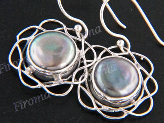 7/8" 925 Silver Peacock Gray Biwa Pearl Flower French Wires Earrings