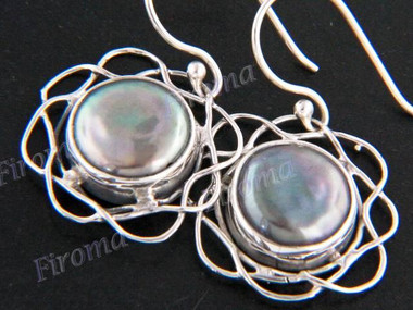 7/8" 925 Silver Peacock Gray Biwa Pearl Flower French Wires Earrings