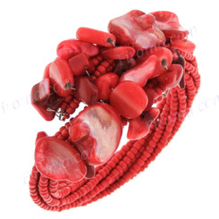 Seed Beads Red Coral 7" Coral Red Bangle Post Bracelet
